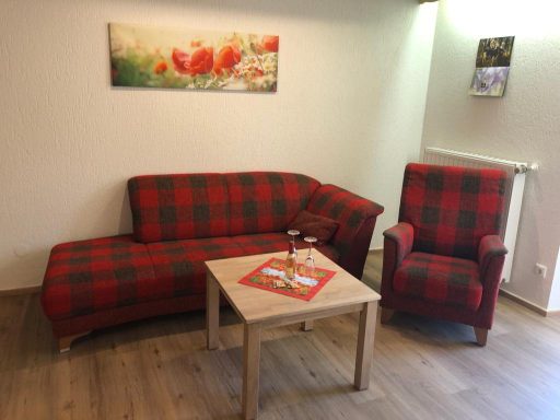 Gemütliche Wohnecke mit rot-kariertem Sofa, Stuhl und Holztisch.