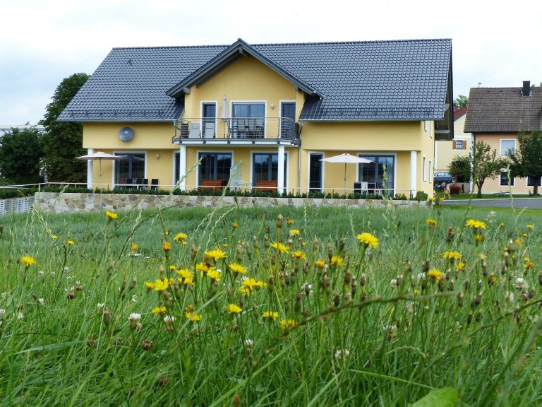 Gelbes Haus mit grauem Dach, umgeben von Wiese und gelben Löwenzahnblüten.