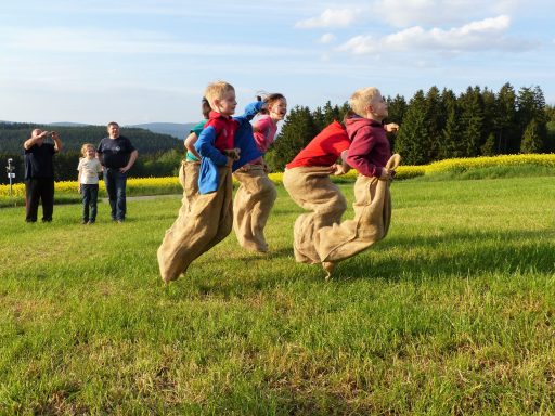 Kinder springen in Säcken auf einer Wiese, umgeben von Zuschauern und einer Landschaft.